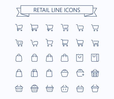 Shopping cart, shopping bag and grocery basket vector outline mini line icons set. 24x24 px. Pixel Perfect. Editable stroke.