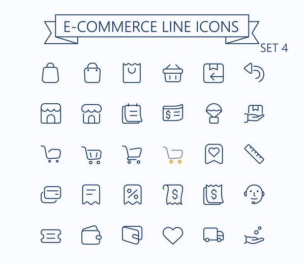 Nakupování a e-commerce vektorové osnovy mini line ikony nastavit. 24x24 px. Pixel Perfect. Upravitelný tah. — Stockový vektor
