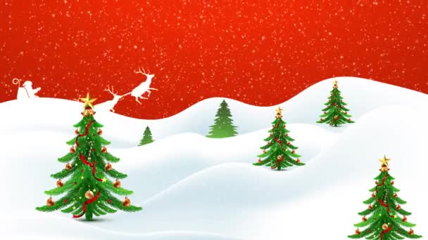 圣诞佳节快乐圣诞快乐圣诞惊喜圣诞红色背景 降雪降雪 圣诞佳节快乐 新年快乐 圣诞祝福横幅圣诞快乐概念动画与圣诞树和雪花飘落 — 图库视频影像