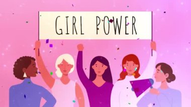 Uluslararası Kadınlar Gününüz kutlu olsun (Kokusai Josei Günü). 8 Mart 'ta tebrik kartı. Kvinnors dag women 's day girl power animasyon 4K' da. Felice Giorno delle Donne - kampanya hisse senedi animasyonu 
