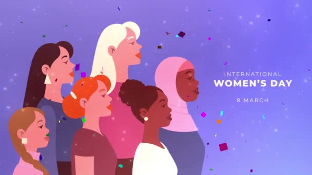 幸せな国際女性デー 国際女性デー 3月8日のグリーティングカードポストカード 4Kで幸せなKvinors Dag女性の日の女の子パワーアニメーション Felice Giorno Delle Donne キャンペーンストックアニメーション — ストック動画
