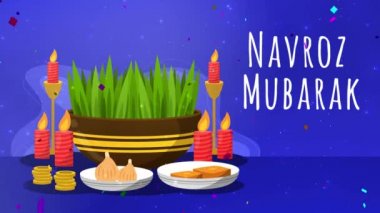 Navroz selamlıyor. Metin Navroz Mübarek ile İran ve Parsi yılbaşı (mutlu yıllar). 4k mutlu parsi yeni yıl veya Navroz veya Nowruz Happy Navroz ile animasyon reklamlarınız ve sosyal medya dilekleri.
