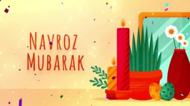 Navroz selamlıyor. Metin Navroz Mübarek ile İran ve Parsi yılbaşı (mutlu yıllar). 4k mutlu parsi yeni yıl veya Navroz veya Nowruz Happy Navroz ile animasyon reklamlarınız ve sosyal medya dilekleri.