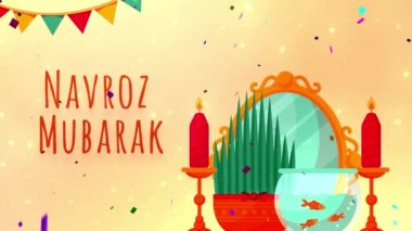 Navroz selamlıyor. Metin Navroz Mübarek ile İran ve Parsi yılbaşı (mutlu yıllar). 4k mutlu parsi yeni yıl veya Navroz veya Nowruz Happy Navroz ile animasyon reklamlarınız ve sosyal medya dilekleri.