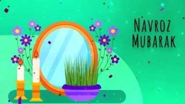 Navroz selamlıyor. Metin Navroz Mübarek ile İran ve Parsi yılbaşı (mutlu yıllar). 4k mutlu parsi yeni yıl veya Navroz veya Nowruz Happy Navroz ile animasyon reklamlarınız ve sosyal medya dilekleri.