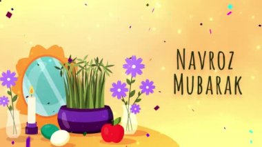 Navroz selamlıyor. Metin Navroz Mübarek ile İran ve Parsi yılbaşı (mutlu yıllar). 4k mutlu parsi yeni yıl veya Navroz veya Nowruz Happy Navroz ile animasyon reklamlarınız ve sosyal medya dilekleri.