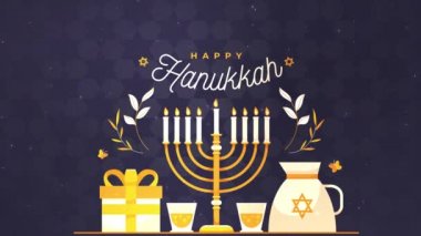 4k Hanuka Karşılama Animasyonu, Yanan Mumlarla Menorah. Hanuka Yahudi bayramı - Geleneksel şamdan siyah arkaplan üzerine mum yakma dini bayram geçmişi