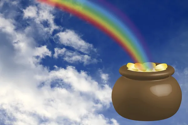 Pot with gold at the basis of a rainbow — Stock Photo, Image