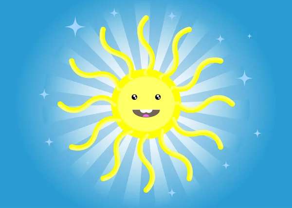 Drôle de dessin animé soleil souriant dans le ciel bleu — Image vectorielle