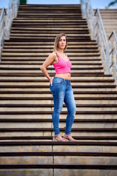 Shot Spanish Female Sitting Stairs — Stock Photo, Image