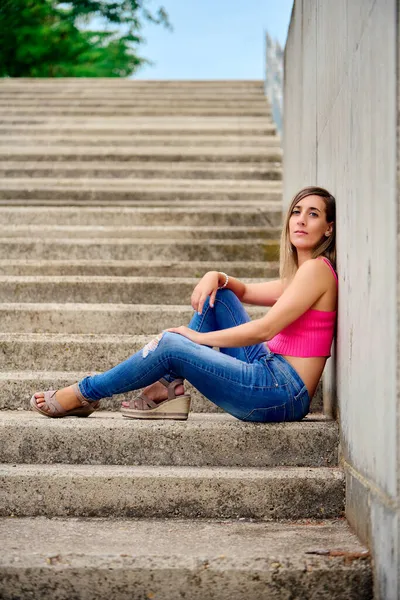 Shot Spanish Female Sitting Stairs — Stock Photo, Image