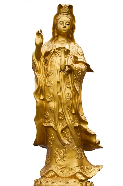 Statue dorée de Guanyin sur fond blanc . — Photo