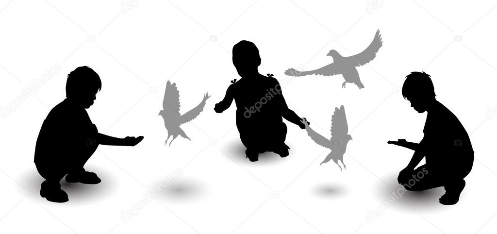 Children are fed pigeons