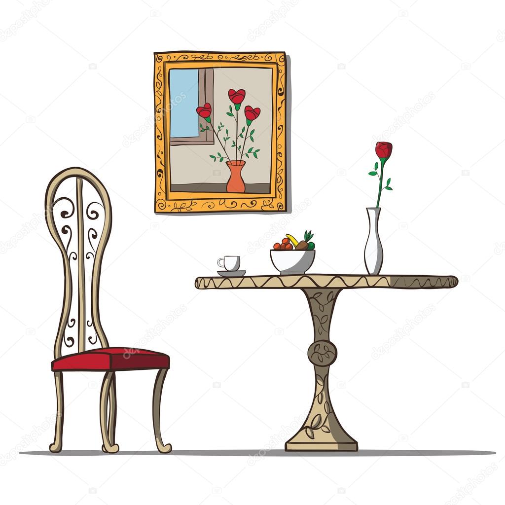 Vintage interior with table, chare, flowers and picture. Vector illustration