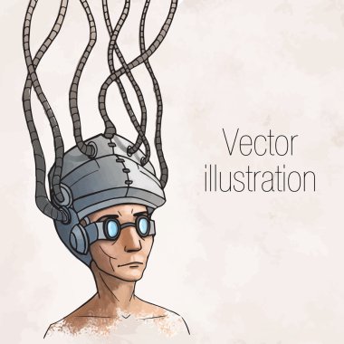 Man wearing a brain-control helmet. Digital addiction. Vector illustration clipart