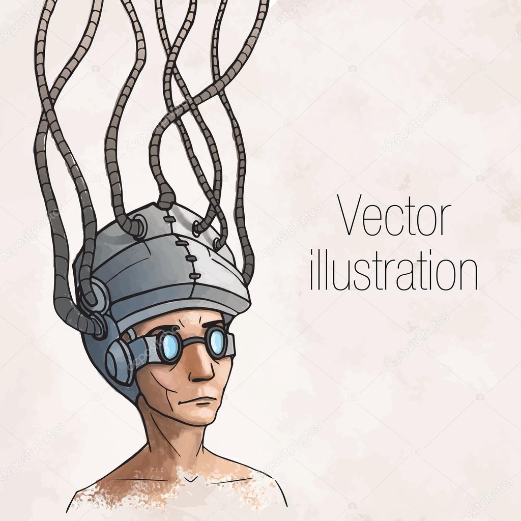 Man wearing a brain-control helmet. Digital addiction. Vector illustration