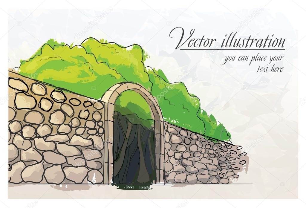 Stone wall in a garden. Watercolor imitation. Vector illustration