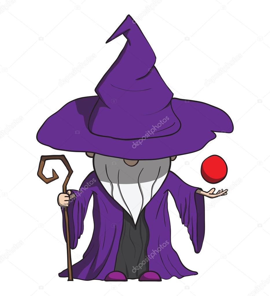 Simple cartoon wizard with staff. Isolated on white. Vector illustration