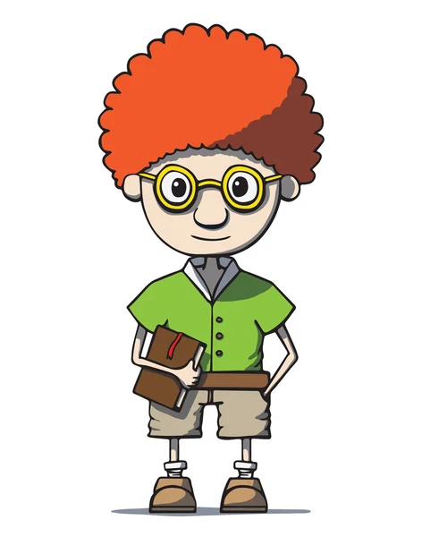 Drôle dessin animé rousse nerd génie dans des lunettes avec livre — Image vectorielle
