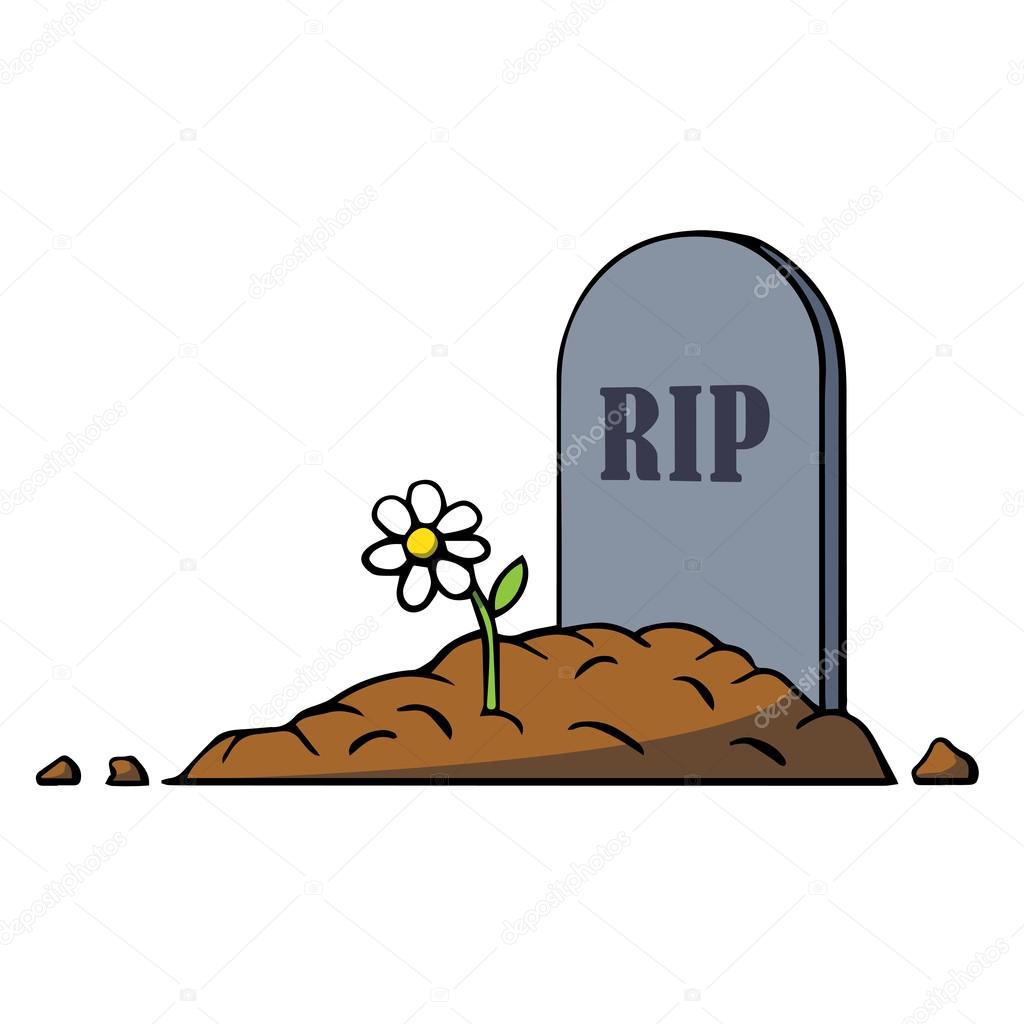 Cartoon grave with tombstone and flower. Vector illustration