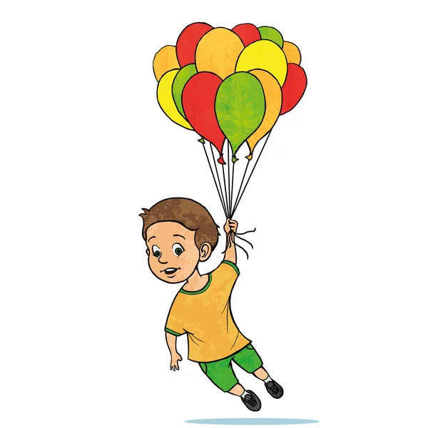 Junge fliegt mit Luftballons. Zeichentrickvektorillustration — Stockvektor