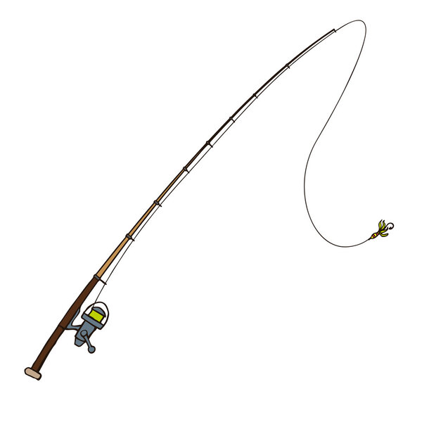 Fishing rod with fly bait. Vector illustration. Isolated on white