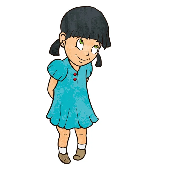Söt blyg glad liten flicka i blå klänning. tecknad bild — Stock vektor