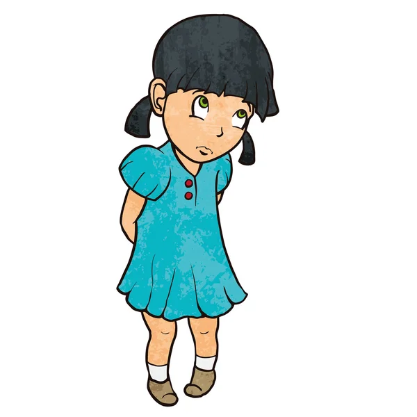 Mignon triste coupable petite fille en robe bleue. Illustration de bande dessinée — Image vectorielle