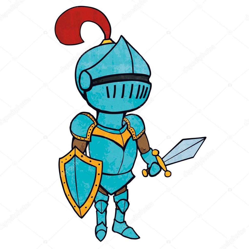 Cartoon knight in armour with sword and shield. Isolated