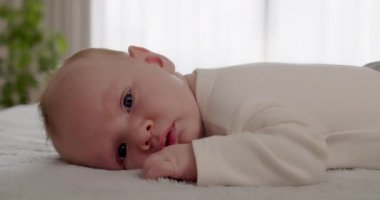 Sabahları küçük sağlıklı bir bebeğin aktif olması. Güneşli bir günde tatlı bir bebek enerjik oluyor. Bebek bakışı. Güzel beyaz bebek evde kameraya bakıyor.. 