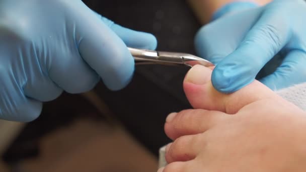 다리에 손톱의 큐티클을 처리하는 사용하여 매니큐어를 조류학자는 엄지발가락에 큐티클을 미용실에서 — 비디오