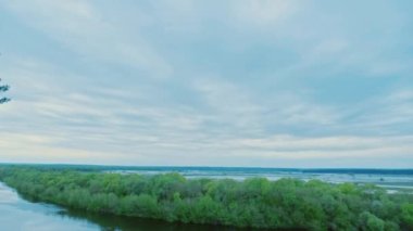 Güzel vahşi yaşam: nehir, orman, çayır, gökyüzü, büyük çam ağaçları. Güzellik doğası. Desna nehri, güzel bir çayırı olan, baharda, akşam olmadan önce. Seyahat için güzel bir doğa. Kamera yukarı hareket ediyor.