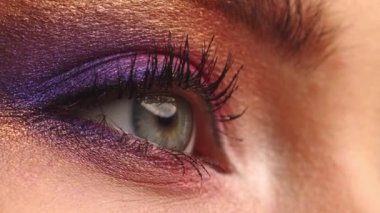 Parlak makyajlı bir kadının gözünün yakın çekimi. Profildeki bir kızın göz kırpması. Pembe pullu moda makyajı. Ağır çekim sinematik çekim. Güzellik makyajı..