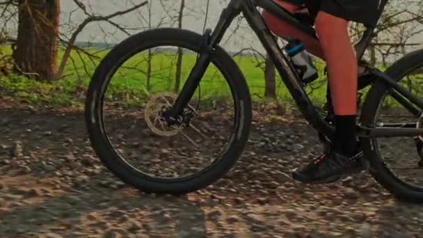 Медленное Движение Мужских Ног Поворачивает Педали Горного Велосипеда Крупный План — стоковое видео