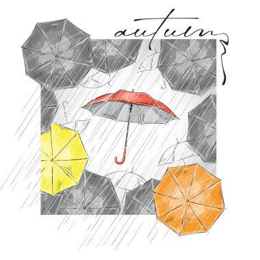 Yağmurun arkaplanındaki şemsiyelerden gelen sonbahar baskısı.