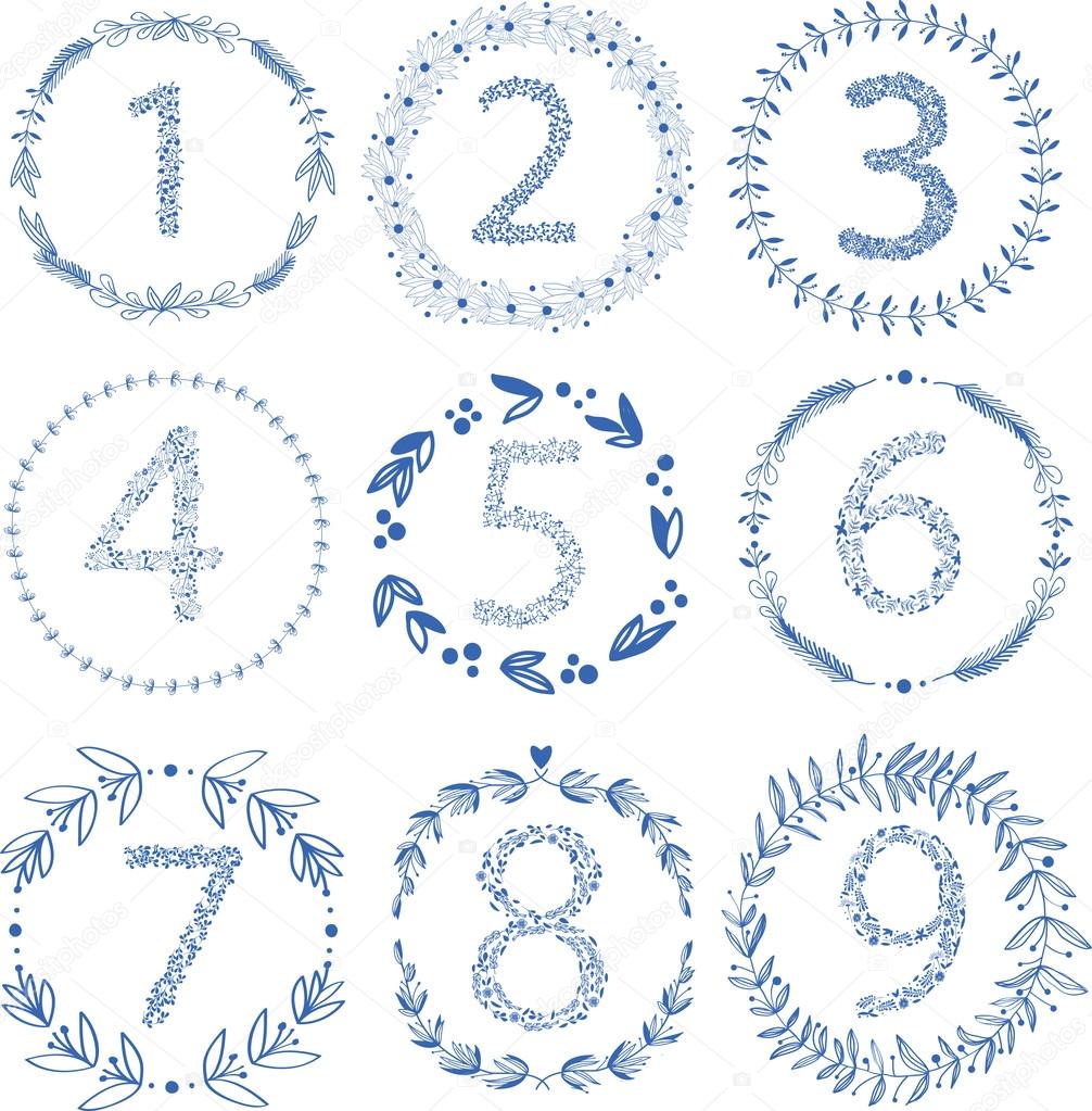 Set di 9 corone di alloro vittoria mano disegno vettoriale e numeri floreali per matrimonio stazionario branding o tabella numero facile cambiare colori