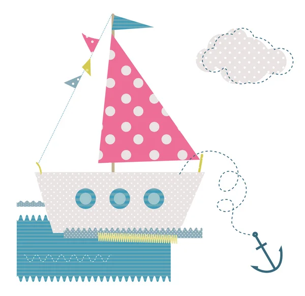 Vektor baby textil klistermärken med söta fartyg och flaggor — Stock vektor