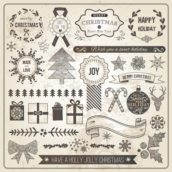 Vintage Kerstset hand getrokken vector — Stockvector