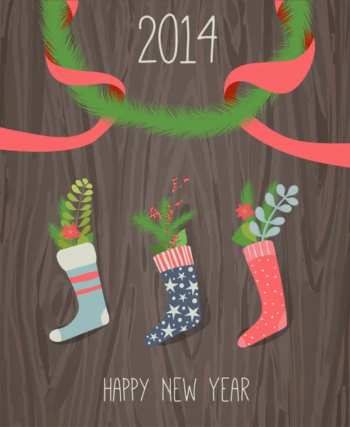 Gratulationskort "gott nytt år 2014", Julstrumpa med nostalgisk vintage dekoration och tall gren över trä bakgrund — Stock vektor