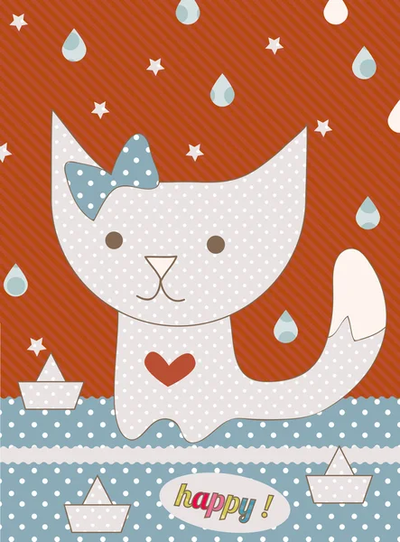 Lindo coño gato otoño tarjeta de felicitación con gota de agua — Archivo Imágenes Vectoriales