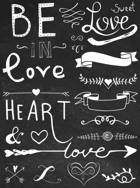 Chalk board hand drawn calligraphy set - love and heart — Stock Vector