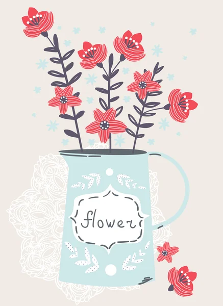 Saludo de vacaciones con flores de primavera en frasco — Vector de stock