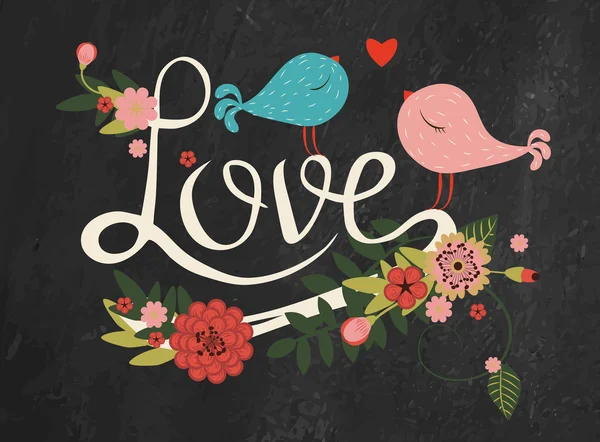 Lettres amour avec décor floral et oiseau — Image vectorielle