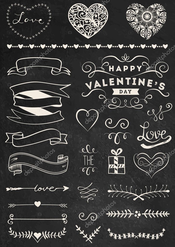 Chalk Valentine's day design elements collection on chalkboard background for scrap booking and design.
