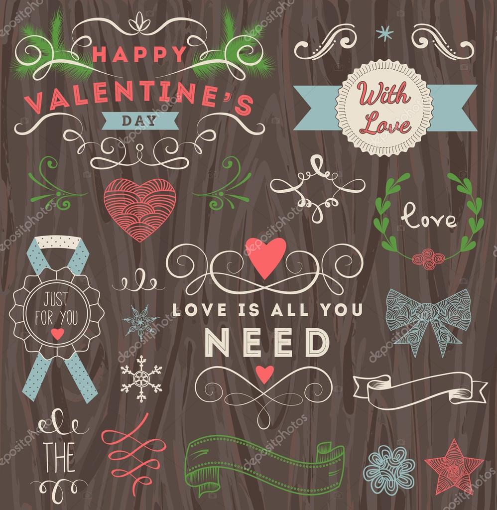 Valentine's day labels, design elements collection on wood background for scrap booking and design.