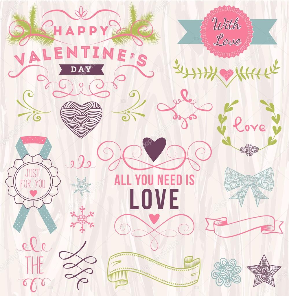 Valentine's day labels, design elements collection on white wood background for scrap booking and design.