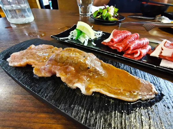Long Thin Slice Kobe Wagyu Premium Japanese Organic Grilled Beef — Fotografia de Stock