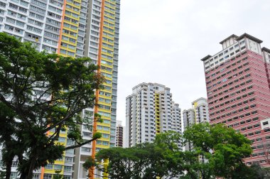 Renkli, yüksek katlı, düz, beyaz apartman daireleri. Bazı pencereleri açık, yağmur ağaçları var.