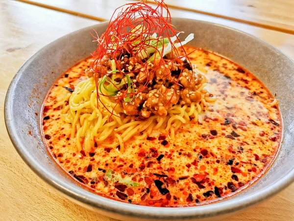 Feu Épicé Rouge Haché Bronzage Porc Ramen Japonais Soupe Nouilles — Photo