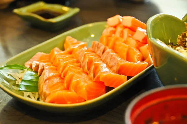 Full Plate Raw Sashimi Fresh Atlantic Organic Salmon Pieces Japan — Stock Photo, Image